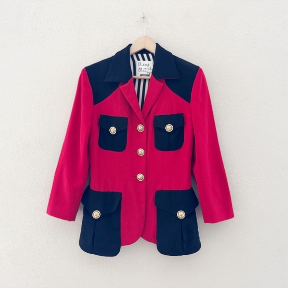 Moschino Vintage Blazer Cheap Chic Wool 80s Military Italy Designer Red Black 10 - Picture 1 of 12